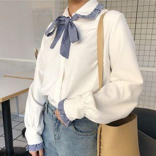 Plaid Trim Tie-neck Blouse