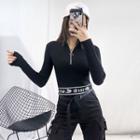 Long-sleeve Mock Neck Lettering Cropped Knit Top