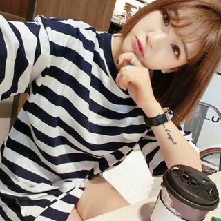 Side-slit Striped Elbow-sleeve T-shirt Stripe - One Size