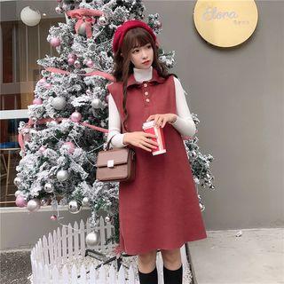 Long-sleeve Turtleneck T-shirt / Sleeveless Collared Dress Wine Red - One Size