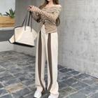 Off-shoulder Striped T-shirt / Two-tone Wide-leg Pants