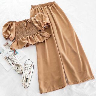 Set: Short-sleeve Frill Trim Cropped Top + Wide-leg Pants