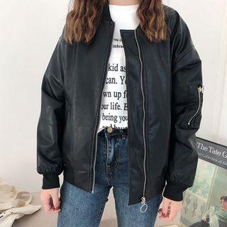 Faux-leather Zipped Bomber Jacket Black - One Size