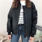 Faux-leather Zipped Bomber Jacket Black - One Size