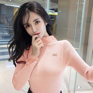 Mock Two Piece Lace Trim Ribbed Knit Top