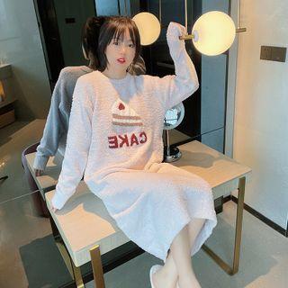 Long-sleeve Cake Print Fleece Midi Sleep Dress