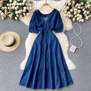 Puff-sleeve Half-zip Denim Midi A-line Dress Blue - One Size