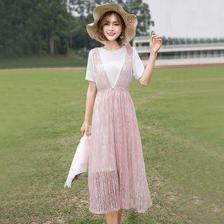 Set: Short-sleeve Long T-shirt + Lace Midi Pinafore Dress