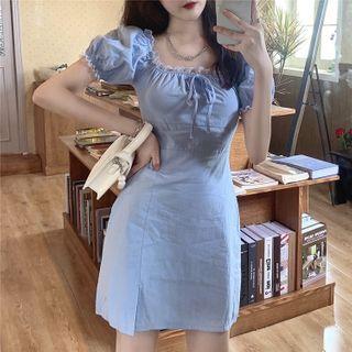 Square-neck Puff Sleeve Slit Mini Dress