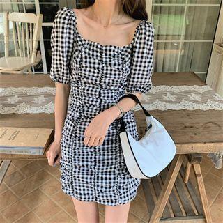 Short-sleeve Check Ruched Mini Sheath Dress