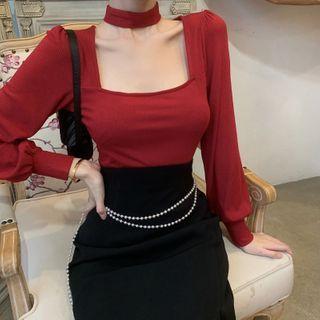 Plain Square-neck Puff-sleeve Top / High-waist Split Skinny Midi Skirt