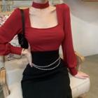 Plain Square-neck Puff-sleeve Top / High-waist Split Skinny Midi Skirt