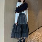 Color Block Long-sleeve Knit Top / High Waist Midi Tiered Skirt