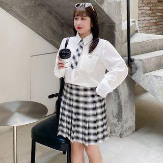 Set: Long-sleeve Shirt + Plaid Mini A-line Skirt
