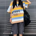Elbow-sleeve Striped Lettering T-shirt / Side Pocketed Cargo Pants