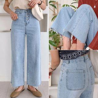 Button-fly Distressed Wide-leg Jeans