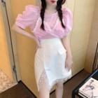 Short-sleeve Striped Blouse / Lace Panel Mini A-line Skirt