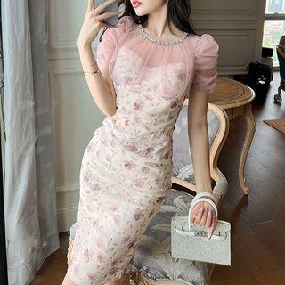Short-sleeve Sheer Panel Floral Mini Sheath Dress
