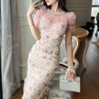 Short-sleeve Sheer Panel Floral Mini Sheath Dress