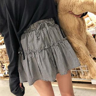 Drawcord-waist Tiered Gingham Miniskirt