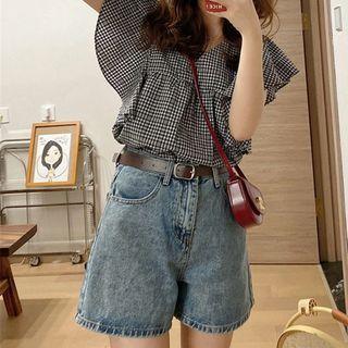 Puff-sleeve Gingham Ruffled Blouse Gingham - Black - One Size