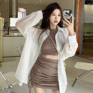 Plain Shirt / Crop Tank Top / Drawstring Mini Pencil Skirt / Set