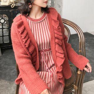 Frill-trim Cardigan Brick Red - One Size