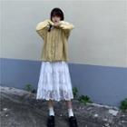 Lace Long-sleeve Midi Shift Dress / Cable-knit Cardigan
