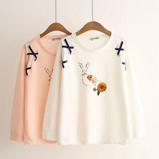 Rabbit Print Lace-up Detail Long-sleeve Top