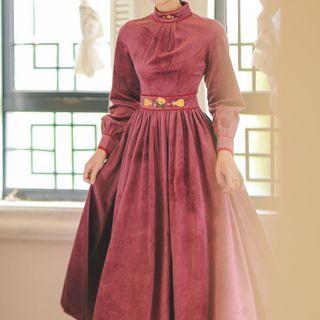 Long-sleeve Mock-neck Embroidered Velvet Midi A-line Dress