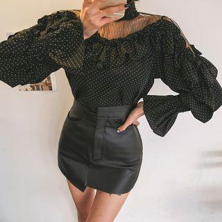 Mesh-yoke Frilled Polka-dot Blouse