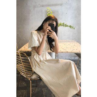 Lace-trim Gathered Linen Blend Long Dress