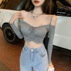 Long-sleeve Off-shoulder Drawcord Crop Top