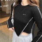 Long Sleeve Stitched Trim Asymmetrical Cropped T-shirt