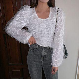 Frilled-detail Shirred Velvet Blouse