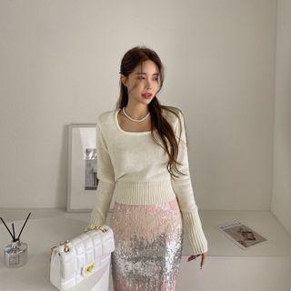 Square-neck Rib-trim Knit Top