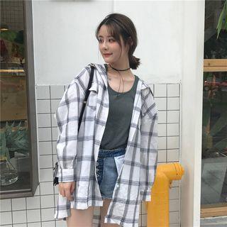 Plaid Hooded Slit-side Shirtdress