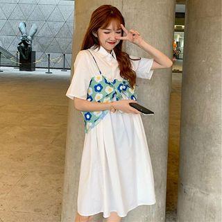 Floral Printed Wrapped Camisole / Short-sleeve Shirt Dress As Shown In Figure - One Size