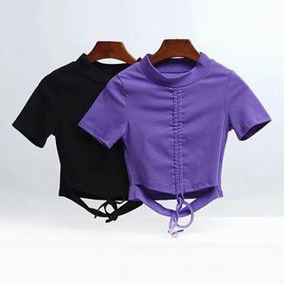 Stand-collar Front Drawstring Short-sleeve Crop Top