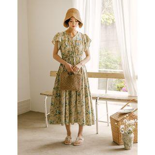 Ruched Long Ditsy Flower Dress