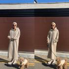 Kangaroo-pocket Long Hoodie Dress Beige - One Size