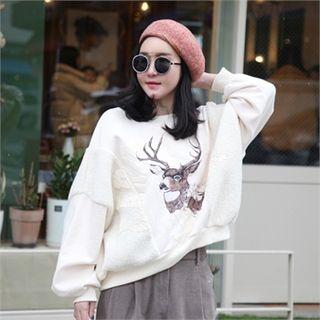 Deer Print Fleece-panel Sweatshirt Ivory - One Size