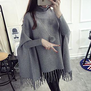 Turtleneck Fringe Hem Knit Cape