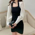 Mock Two Piece Long-sleeve Shrug Panel Plain Asymmetric Dress