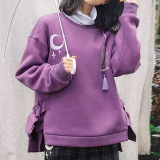 Knit Panel Slit-hem Fleece-lined Printed Pullover