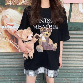 Bear-print Mock Two-piece T-shirt Black - One Size