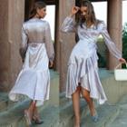 Puff-sleeve Dotted Ruffled Midi A-line Dress