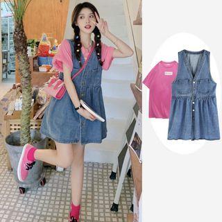 Elbow-sleeve T-shirt / Sleeveless Denim Dress