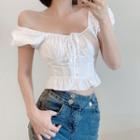 Plain Ruched Square Neck Puff Sleeve Cropped Top