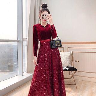 Sequined Long-sleeve Maxi A-line Velvet Dress